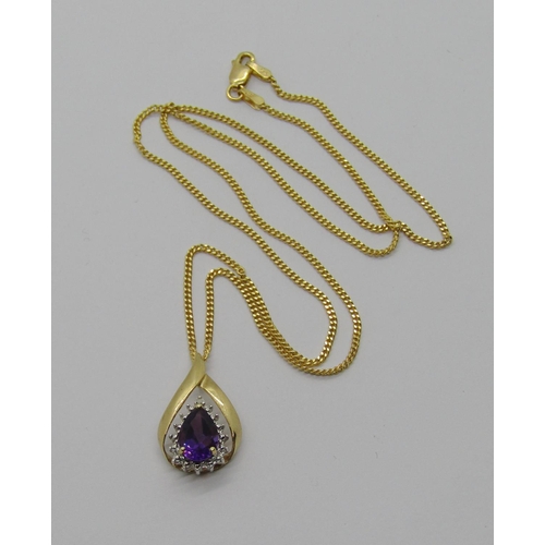 1385 - 10k pear shaped amethyst pendant hung on a 9ct fine link chain necklace, 4.4g