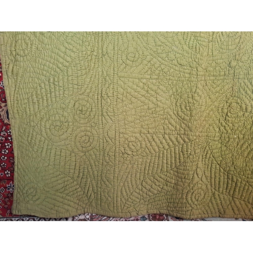 1530 - Hand stitched reversible vintage bed quilt in olive and dark gold colours, quilted in running stitch... 