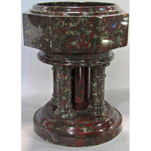 1630 - A good quality red Serpentine stone font raised on column supports, together with a further Serpenti... 