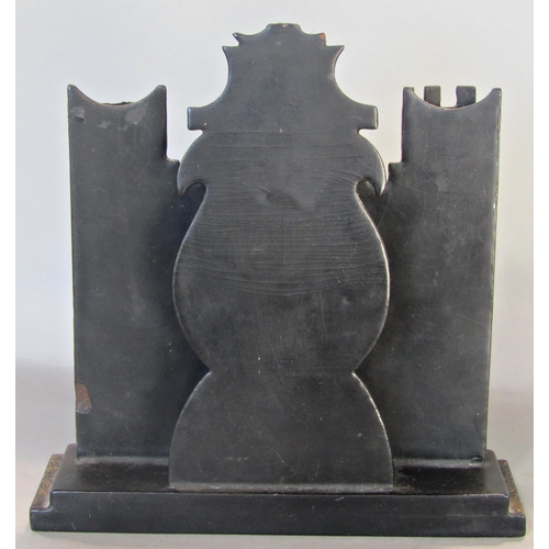 1642 - A Victorian papier mache watch holder in the form of a castle entrance with mother of pearl inlay de... 