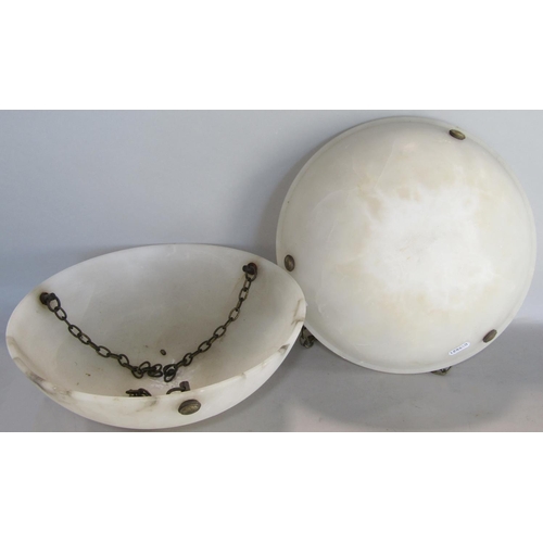 1648 - A matched pair of alabaster bowl shaped ceiling lights complete with fittings, 30cm diameter