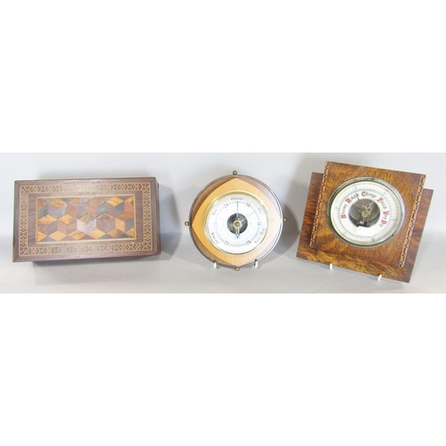 1570 - 19th century Tunbridge ware box with tumbling cube pattern detail within a straw work band, two aner... 