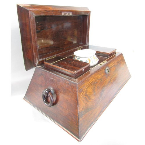 1661 - A large Regency rosewood sarcophagus tea caddy, with a well fitted interior mixing bowl (not origina... 