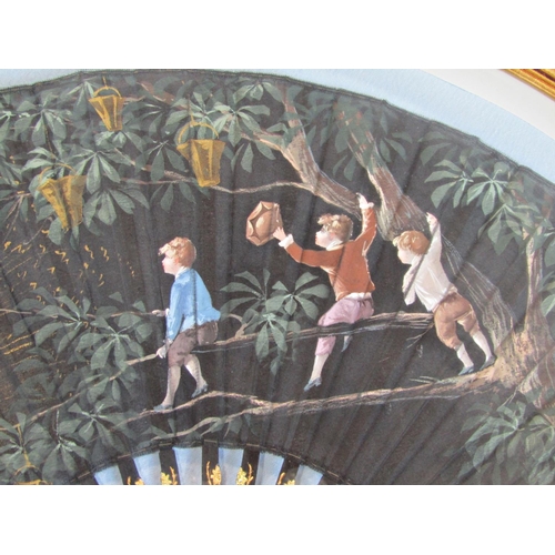 1605 - A late 19th century French fan on satin with ebony sticks, with painted detail showing three boys at... 