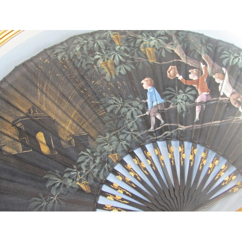 1605 - A late 19th century French fan on satin with ebony sticks, with painted detail showing three boys at... 