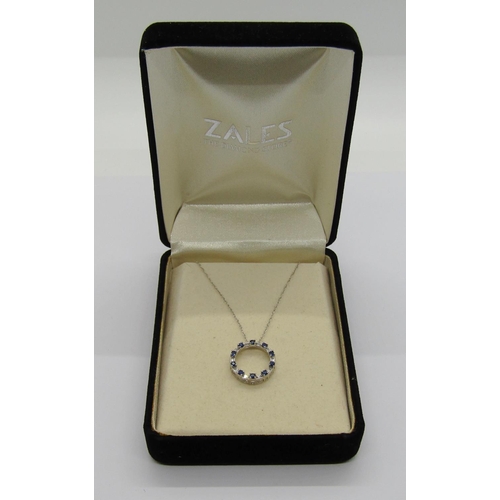 1392 - 10k white gold necklace with sapphire and diamond hoop pendant, maker 'JWBR', 2g