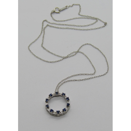 1392 - 10k white gold necklace with sapphire and diamond hoop pendant, maker 'JWBR', 2g