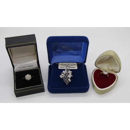 1413 - Group of jewellery comprising a 9ct cubic zirconia solitaire ring, a further dress ring and a silver... 