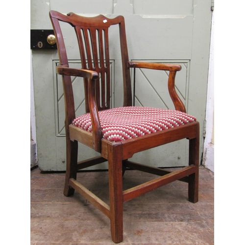 2571 - Two similar Georgian countrymade elbow chairs in mixed timbers, each with pierced splat and hand wor... 