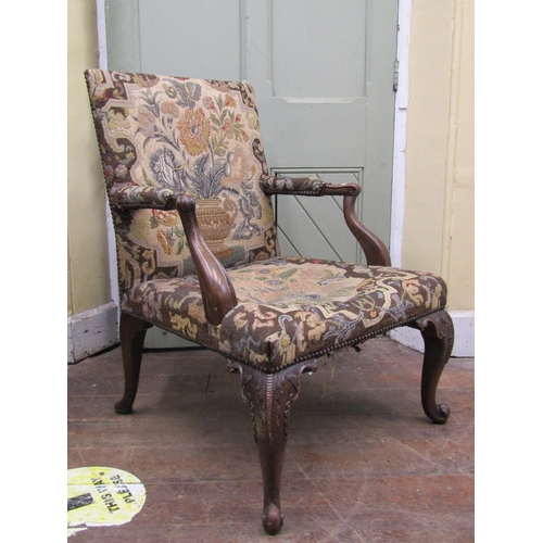 2576 - 19th century French elbow chair, the show wood frame with carved detail, raised on cabriole forelegs... 