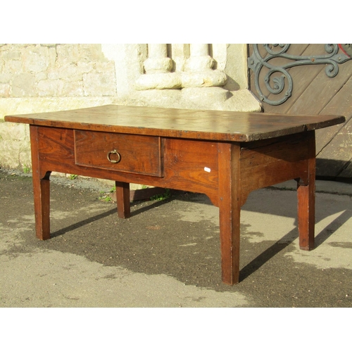 2604 - An antique rectangular occasional table with plank top enclosing a single frieze drawer on square cu... 