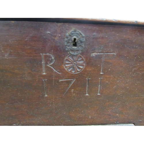 2629 - 18th century elm countrymade mule chest with rising lid over three frieze drawers, monogrammed RT, 1... 