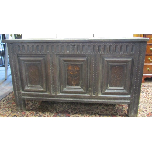 2643 - 18th century panelled oak coffer, the front with inlaid geometric and floral marquetry detail within... 