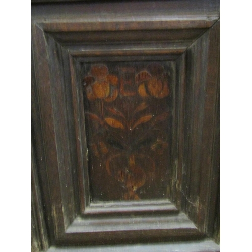 2643 - 18th century panelled oak coffer, the front with inlaid geometric and floral marquetry detail within... 