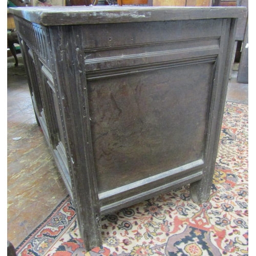 2643 - 18th century panelled oak coffer, the front with inlaid geometric and floral marquetry detail within... 