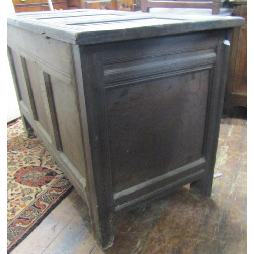 2643 - 18th century panelled oak coffer, the front with inlaid geometric and floral marquetry detail within... 