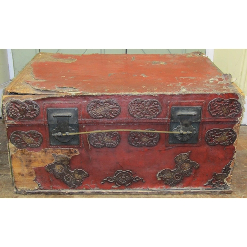 2671 - 19th century Chinese red lacquered travelling box with applied ornamentation, metal work hinges and ... 