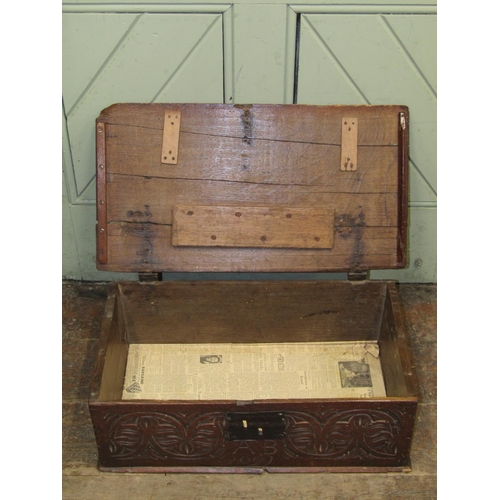 2674 - Late 17th century oak bible box with rising lid, the front elevation with geometric carved detail mo... 