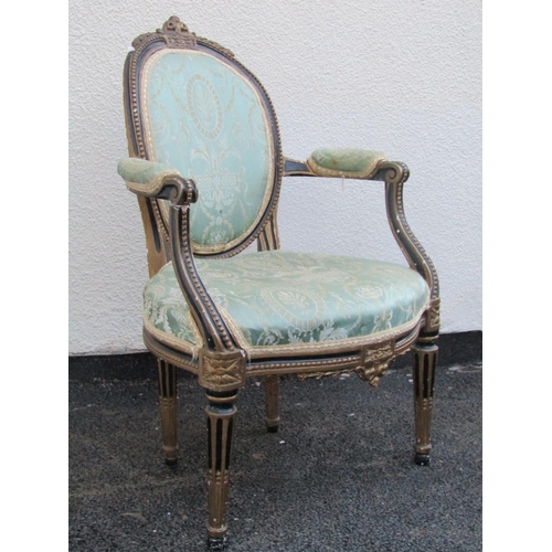 2546 - A 19th century open armchair with cameo shaped back with carved painted framework and upholstered fi... 