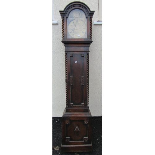 2550 - An Edwardian oak grandmother clock in a Jacobean style, the case with applied mouldings, barley twis... 