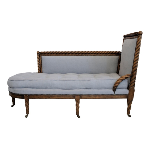 2578 - Mid-19th century day bed, the oak framework with rope twist detail, raised on six supports, upholste... 