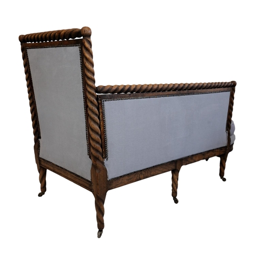 2578 - Mid-19th century day bed, the oak framework with rope twist detail, raised on six supports, upholste... 