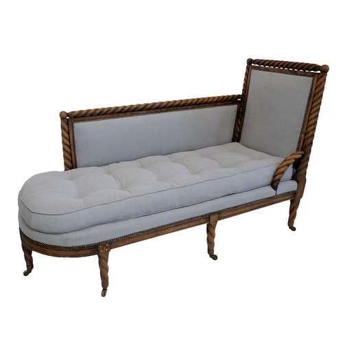 2578 - Mid-19th century day bed, the oak framework with rope twist detail, raised on six supports, upholste... 