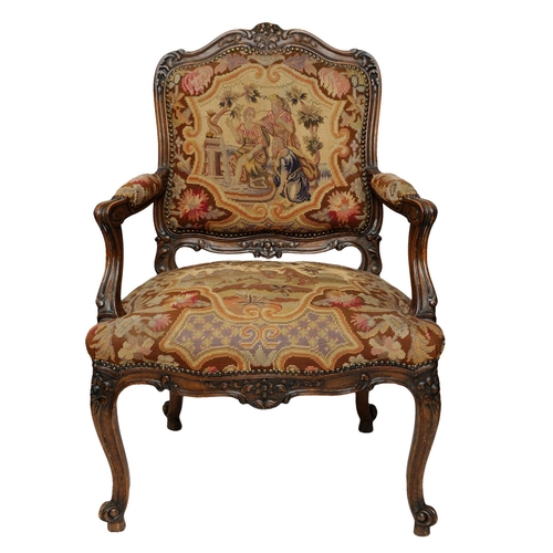 2591 - 19th century French open armchair with carved and moulded framework in beech, with gross and petit p... 