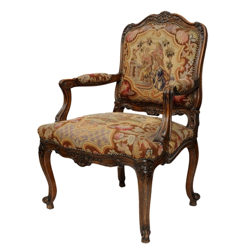 2591 - 19th century French open armchair with carved and moulded framework in beech, with gross and petit p... 