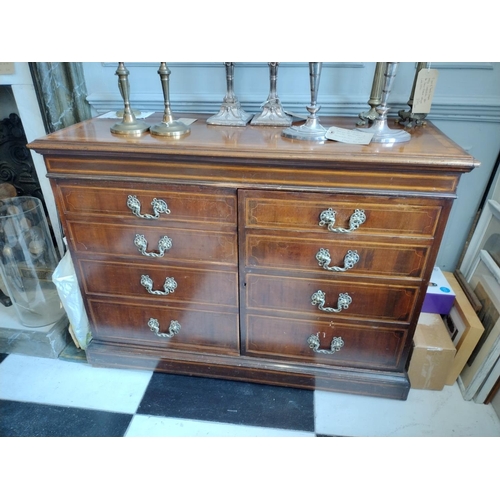 2636 - An Edwardian mahogany side cabinet inlaid with satin wood, ebony and other detail, the front with tw... 