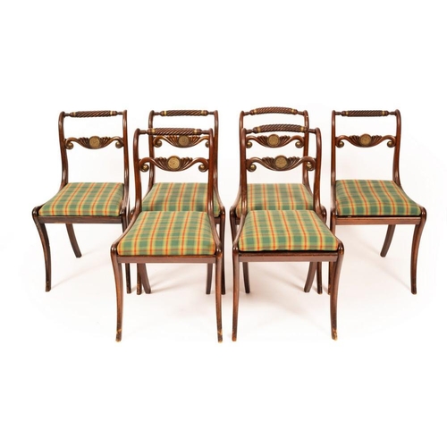 2659 - A set of six Regency sabre leg dining chairs with simulated rosewood finish, rope back rails, carved... 