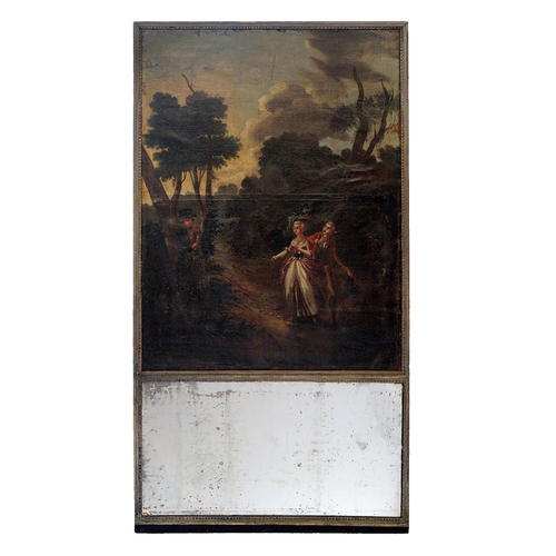 2684 - An early 19th century French pier glass the upper section incorporating an oil on canvas showing thr... 