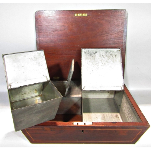 1694 - A rosewood caddy with rising and closing lid enclosing three zinc containers
