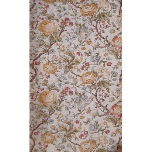 1508 - 3 pairs of full length curtains and pelmets and tiebacks in linen-look floral print, lined and therm... 