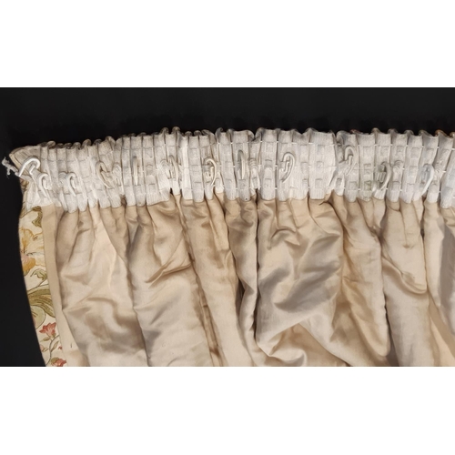 1508 - 3 pairs of full length curtains and pelmets and tiebacks in linen-look floral print, lined and therm... 