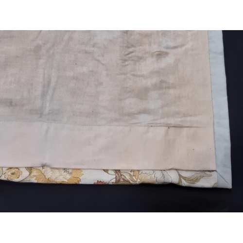 1508 - 3 pairs of full length curtains and pelmets and tiebacks in linen-look floral print, lined and therm... 