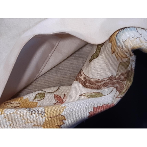 1508 - 3 pairs of full length curtains and pelmets and tiebacks in linen-look floral print, lined and therm... 