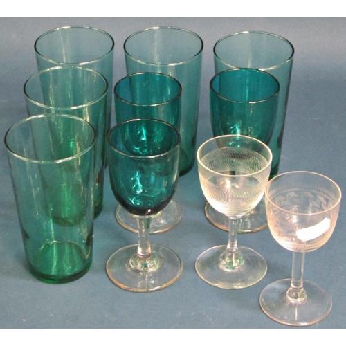 1170A - Five green glass tumblers, three green stem wines and two others