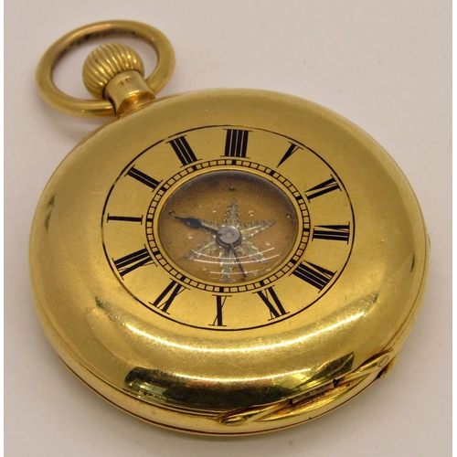 1440 - An 18ct gold cased (including dust leaf) half hunter watch the dial with Roman numerals, running