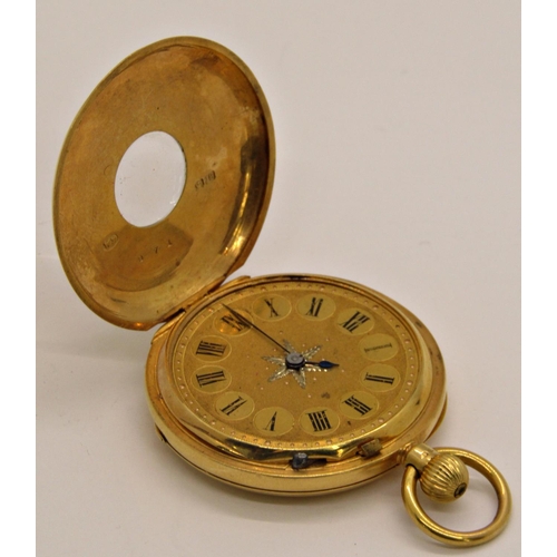 1440 - An 18ct gold cased (including dust leaf) half hunter watch the dial with Roman numerals, running