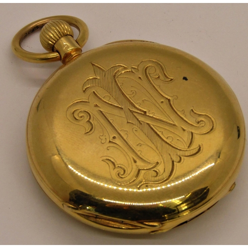 1440 - An 18ct gold cased (including dust leaf) half hunter watch the dial with Roman numerals, running