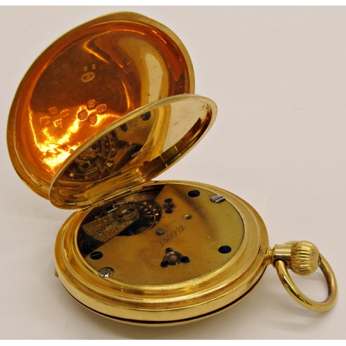 1440 - An 18ct gold cased (including dust leaf) half hunter watch the dial with Roman numerals, running