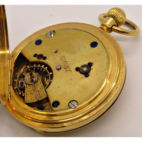 1440 - An 18ct gold cased (including dust leaf) half hunter watch the dial with Roman numerals, running