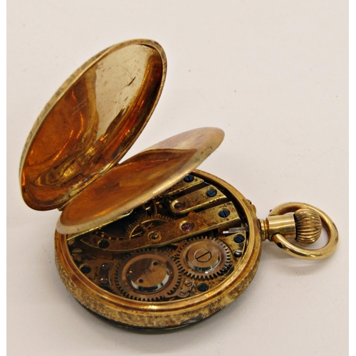 1441A - A 19th century continental fob watch with 18k engraved casework and chased dial