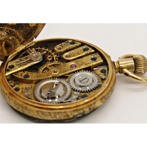 1441A - A 19th century continental fob watch with 18k engraved casework and chased dial