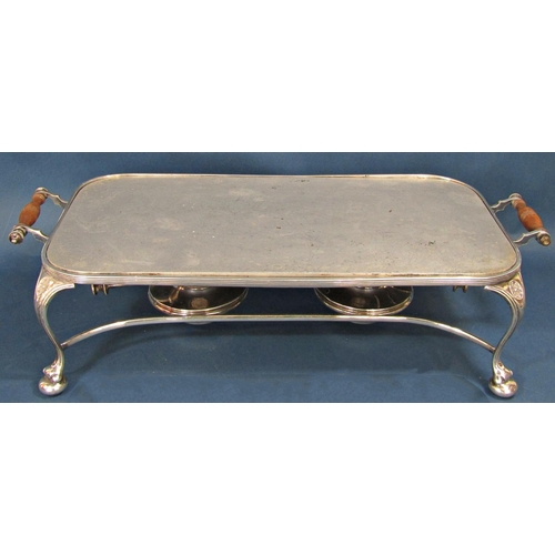 1206 - A Harrods two place silver  plated plate warmer with two burners below, (as found) 55cm wide.