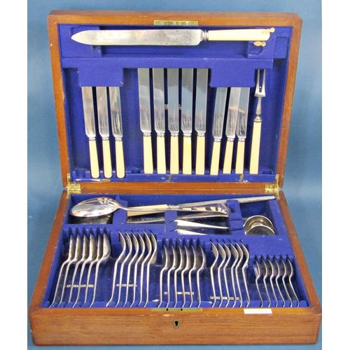 1208 - An oak canteen of cutlery for six settings, bone handled knives,  some pieces missing, two silver pl... 