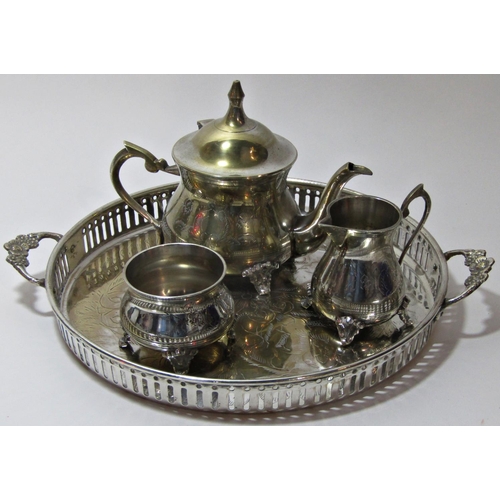 1209 - An early 19th century silver plated tray with a three piece tea service, and two silver plated fight... 