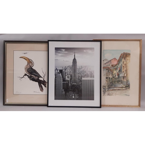 164 - Four framed works to include: A. Lucas - street scene watercolour, signed lower right; Denis Murphy ... 