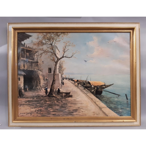 172 - After Andreas Betz - 'in the Lago Maggiore', oleograph print, 61 x 81 cm, framed